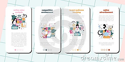 Marketing audit mobile application banner set. Market, targeting audience Vector Illustration