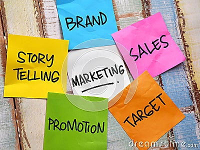 Marketing brand promotion story telling, text words typography written on paper, life and business motivational inspirational Stock Photo