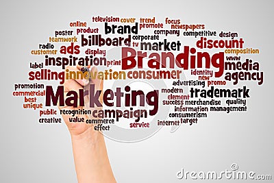 Marketing Branding word cloud and hand with marker concept Stock Photo