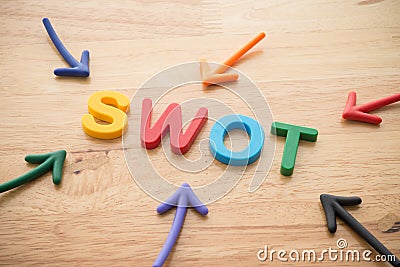 Marketing business, commerce and digital marketing strategy concept. Color highlight arrows pointing around SWOT letters alphabets Stock Photo