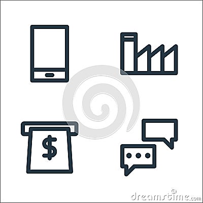 Marketing business line icons. linear set. quality vector line set such as chats, atm, factory Vector Illustration