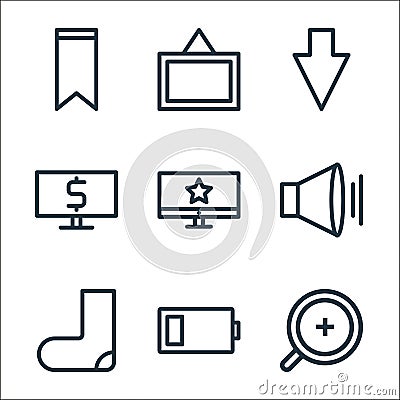 marketing business line icons. linear set. quality vector line set such as zooming, low battery, sock, sound, computer monitor, Vector Illustration