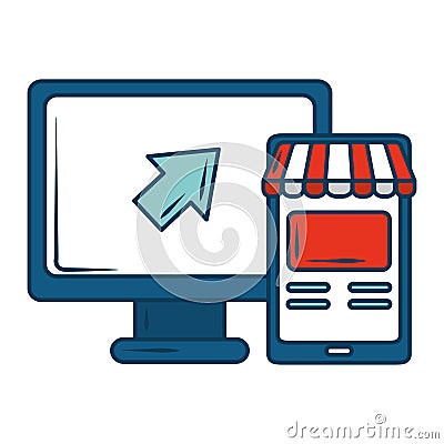 Marketing computer and smartphone click online store Vector Illustration