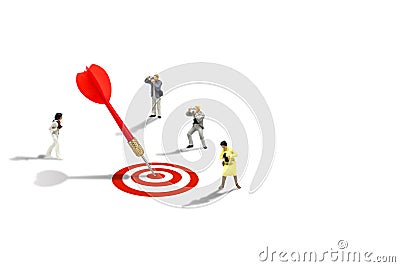 Photographers taking photograph red dart hit target on dartboard isolated on white background. Stock Photo