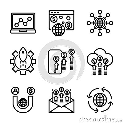 Marketing digital icon set include advertising,promotion,globe,gear,phone,cloud,magnet,mail Vector Illustration