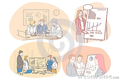 Marketing, finance, teamwork, business, communication, presentation, statistics concept Vector Illustration