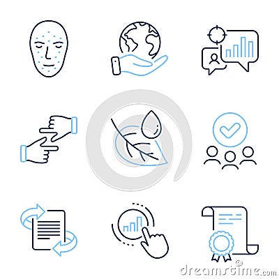 Marketing, Graph chart and Click hands icons set. Seo statistics, Face biometrics and Leaf dew signs. Vector Vector Illustration