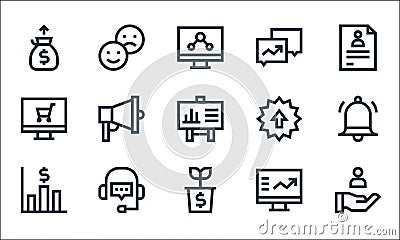 Marketing and growth line icons. linear set. quality vector line set such as customer, growth, bar graph, computer, support, Vector Illustration