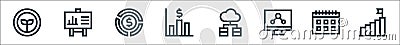 marketing and growth line icons. linear set. quality vector line set such as goal, calendar, computer, servers, bar graph, pie Vector Illustration