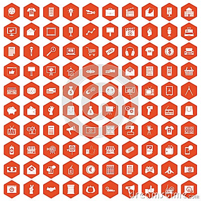 100 marketing icons hexagon orange Vector Illustration