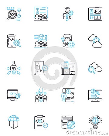 Marketing identity linear icons set. branding, logos, promotion, differentiation, messaging, strategy, positioning line Vector Illustration