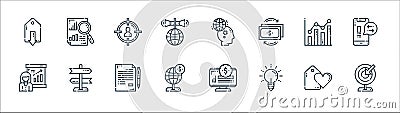 Marketing line icons. linear set. quality vector line set such as target, creativity, world, presentation, insight, target Vector Illustration