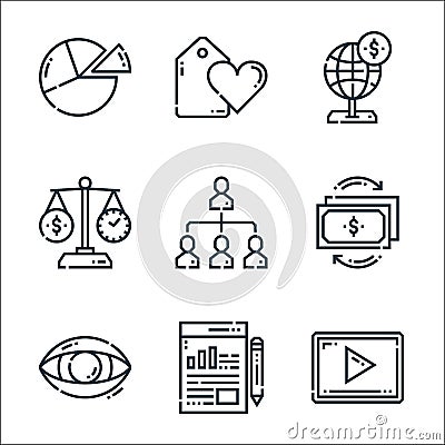 marketing line icons. linear set. quality vector line set such as video marketing, report, vision, money, hierarchical structure, Vector Illustration