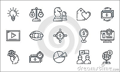 marketing line icons. linear set. quality vector line set such as world, pie chart, idea, discussion, time is money, video Vector Illustration