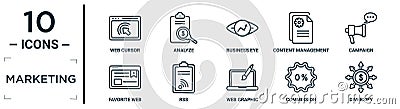marketing linear icon set. includes thin line web cursor, business eye, campaign, rss, commission, diversify, favorite web icons Vector Illustration