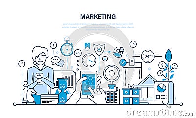 Marketing, market research, management and control strategy, statistics, reporting Vector Illustration