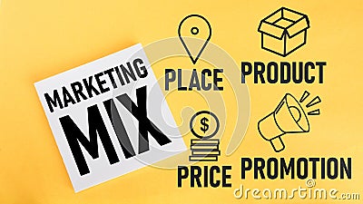 Marketing mix is shown using the text and pictures of Place, Product, Price and Promotion Stock Photo