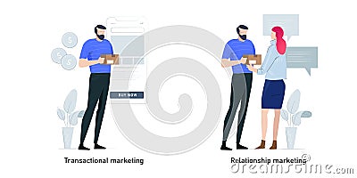 Marketing strategies metaphor concept vector illustration set. Transactional marketing and relationship, customer sales Vector Illustration