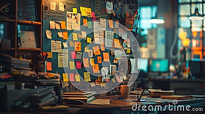 Marketing Strategy Concept: Working desk with multicolor sticky notes filled wall Stock Photo