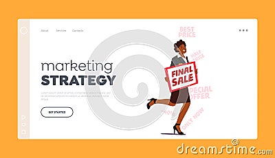 Marketing Strategy Landing Page Template. Forceful Promoter Female Character Run with Banner Promoting Final Sale Vector Illustration