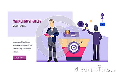 Marketing strategy, sales funnel, financial planning, accounting, profit analysis, auditing. Vector Illustration