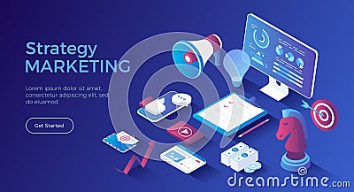 Marketing Strategy. Start up, achieving company goals, business success. Business planning, organization, analytics. Vector Illustration