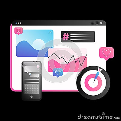 Marketing Target Screen Display. Pink Desktop Graphics Vector Illustration