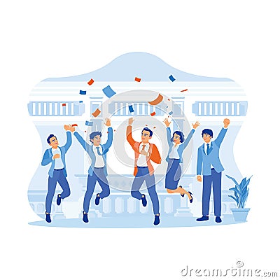 The marketing team celebrates business wins with colleagues. Having fun and throwing confetti in the office. Vector Illustration