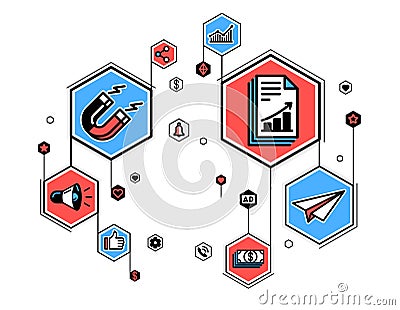 Marketing theme vector outline illustration, advertising business concept. Vector Illustration