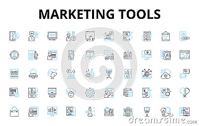 Marketing tools linear icons set. Analytics, Audience, Automation, Branding, Campaigns, Clicks, Communication vector Vector Illustration