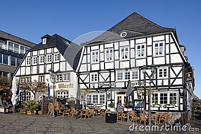 Marketplace downtown medieval German city Brilon with medieval houses Editorial Stock Photo