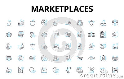 Marketplaces linear icons set. E-commerce, Auctions, Bidding, Trading, Online, Retail, Wholesale vector symbols and line Vector Illustration