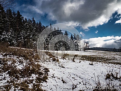 Marks that snow is slowly coming down and spring come here as the new season. Stock Photo