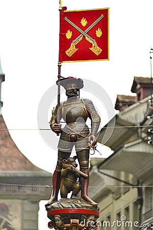 Marksman Fountain Schutzenbrunnen - one of the medieval fountains of Bern Old Town - Bern, Switzerland Editorial Stock Photo