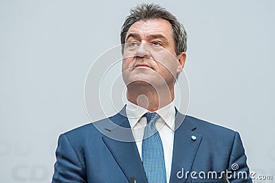 Markus SÃ¶der speaking in Berlin on 26th May 2019 during an election event. Editorial Stock Photo