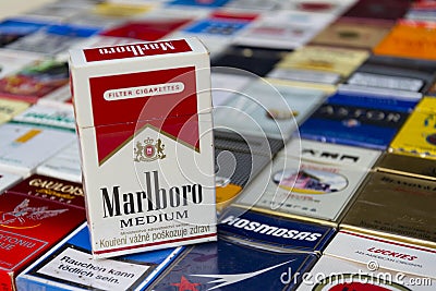 Marlboro pack on many different cigarettes photographed on March 25, 2017 in Prague, Czech republic. Editorial Stock Photo