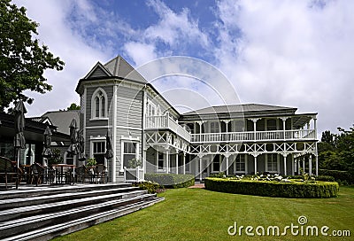 Marlborough Vineyard, Hotel and Restaurant in beautiful gardens, New Zealand Stock Photo