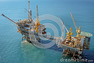 Aerial view of the Marlin A and B platforms in Bass Strait Australia Editorial Stock Photo