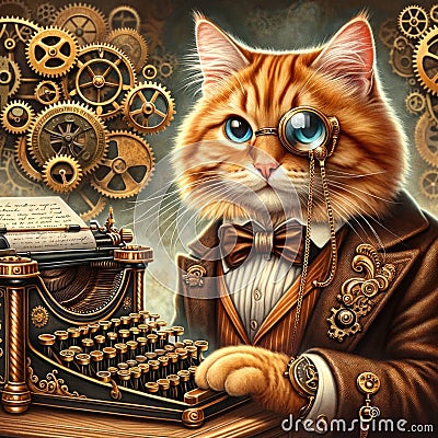 A marmalade tabby cat with brass steampunk gear, including a monocle and a Victorian waistcoat with gear motifs. The cat Stock Photo