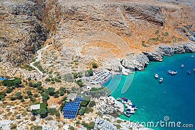Marmara beach at the end of Aradena gorge and coastline alongside e4 trail at south-west coast of Crete island, Greece Stock Photo