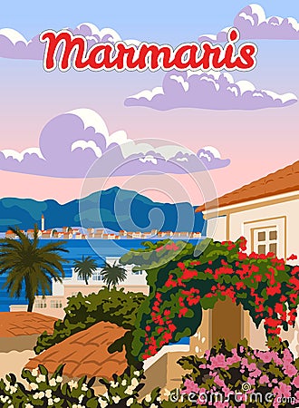 Marmaris landmark, Turkey resort, retro poster, horizon, skyline. Vintage touristic travel postcard, placard, vector Vector Illustration