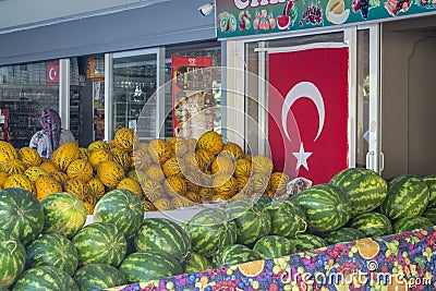 MARMARIS, TURKEY - June 10, 2017: ripe watermelons and melons on the shelves of Turkish markets Stock Photo