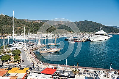 View over Netsel Marina port in Marmaris, Turkey, with M Y Eclipse superyacht owned by Russian oligarch Roman Abramovich, in the Editorial Stock Photo