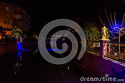 MARMARIS, TURKEY: Sculpture of a Seahorse on the street by the canal in Marmaris at night. Editorial Stock Photo