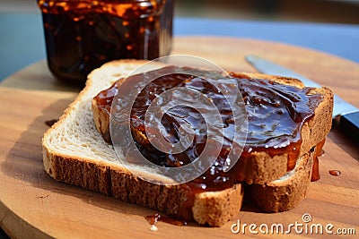 Marmite Yeast Spread, Vegemite Spread, Australian Healthy Breakfast, Traditional English Yeast Extract Stock Photo