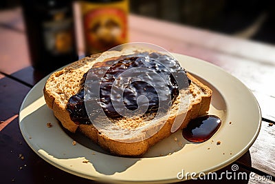 Marmite Yeast Spread, Vegemite Spread, Australian Healthy Breakfast, Traditional English Yeast Extract Stock Photo