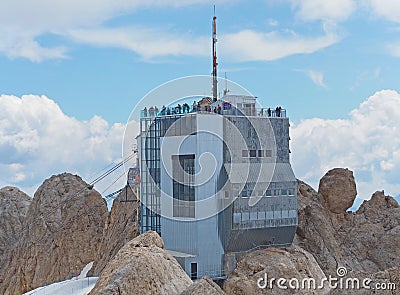 Marmolada, Dolomites, Italy. The arrival of the last section of the cable car at Punta Rocca Editorial Stock Photo