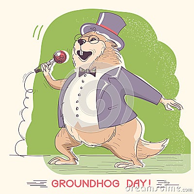 Marmot in gentleman clothes with microphone. Groundhog day holi Vector Illustration