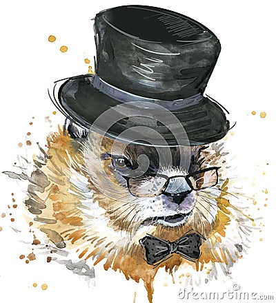 Marmot watercolor. Groundhog Day. Cartoon Illustration