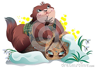 Marmot weather forecaster groundhog crawled out of his hole and dreams of spring Cartoon Illustration